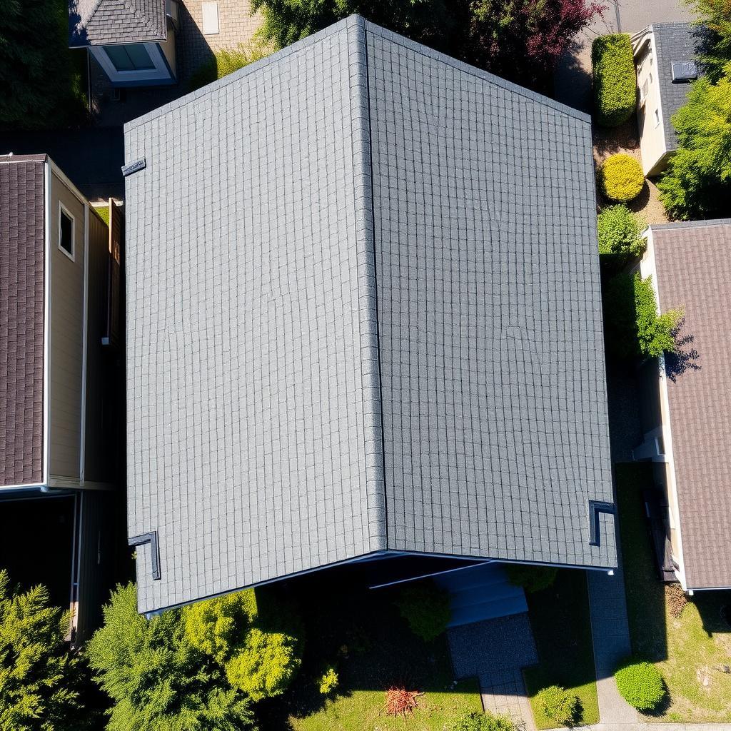 Aerial view of a Seattle residential roof being maintained by professional roofers