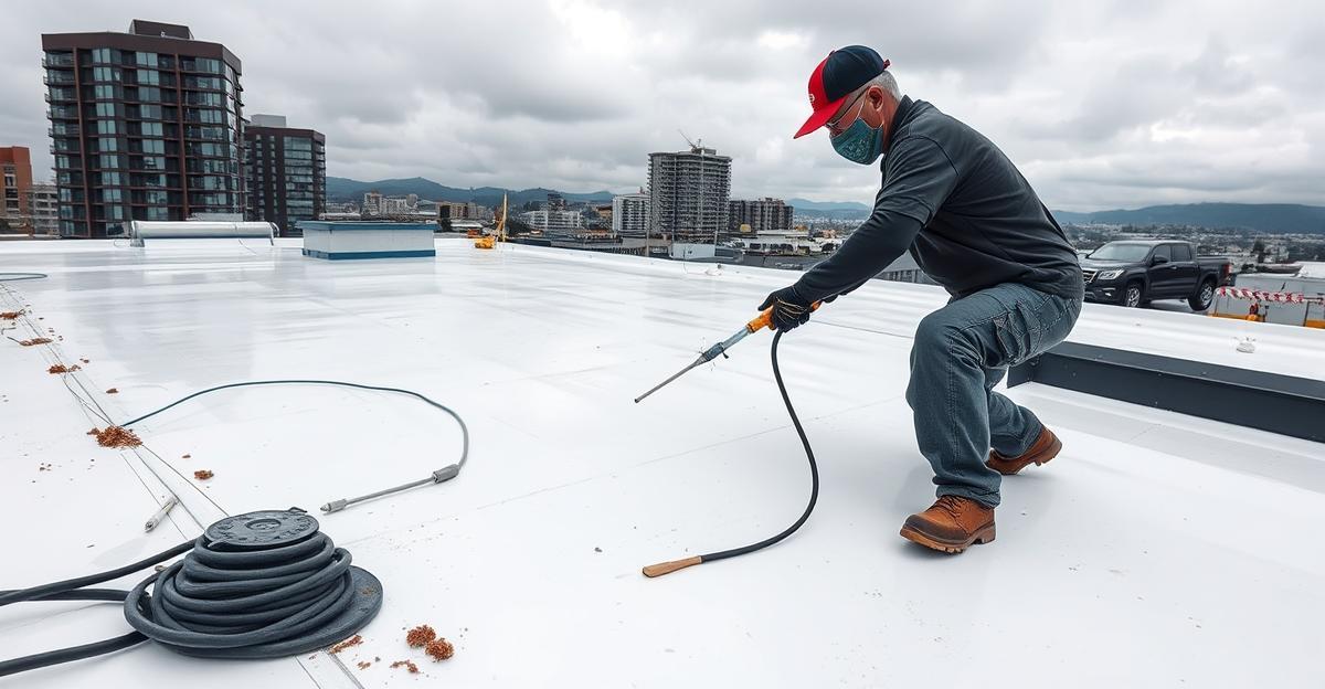 Roofing professional repairing a white TPO flat roof membrane on a commercial building in Seattle with the city skyline in the background