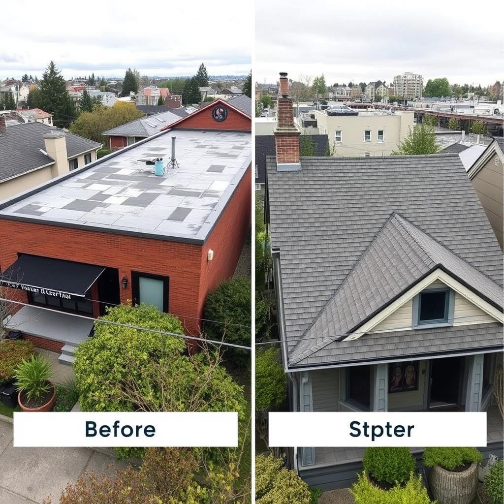 Aerial view of a Seattle-area commercial roof showing TPO flat roofing installation