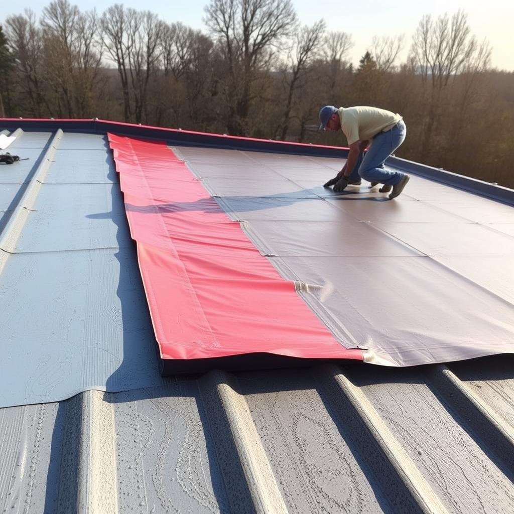 Roofers installing ice and water shield membrane on a Seattle residential roof deck before shingle installation