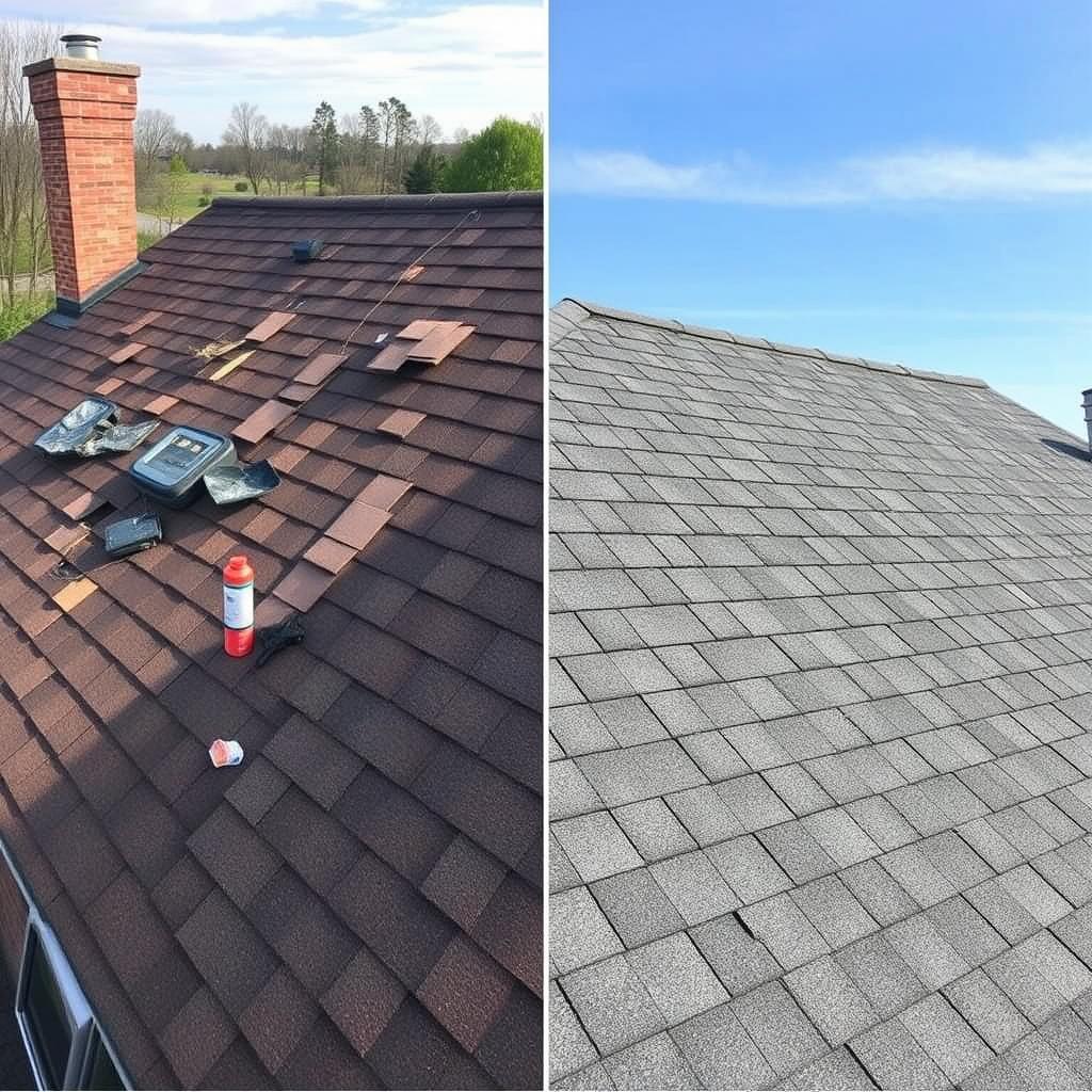 Aerial view of a Seattle roof tearoff in progress showing shingles being removed for replacement