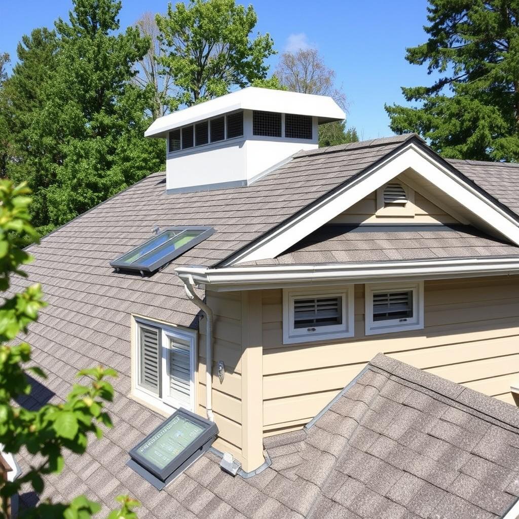 Roofer inspecting attic ventilation and ridge vents on a Seattle residential roof