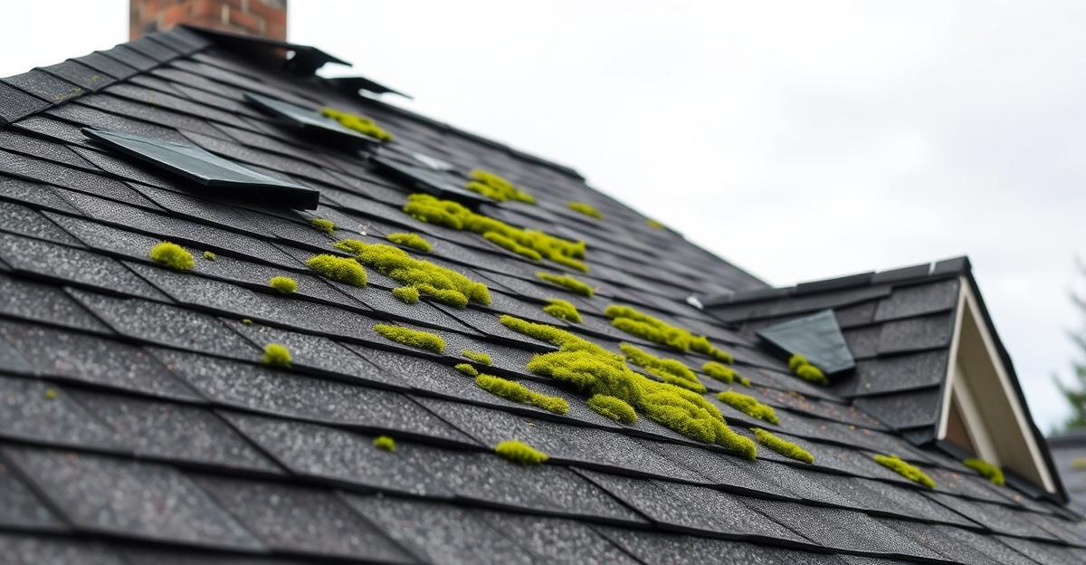 Aging Seattle residential roof showing moss growth, curling shingles, and missing shingles — multiple visible signs that roof replacement is needed