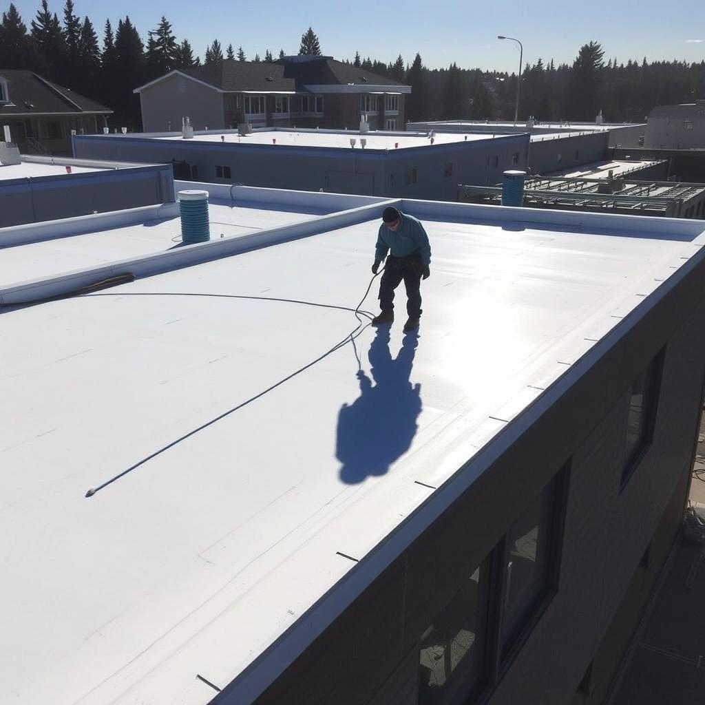 Aerial view of TPO flat roof membrane installation on a Seattle commercial building