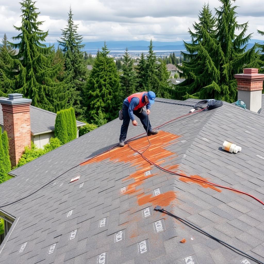 Licensed roofers repairing shingles and flashing on a Seattle home