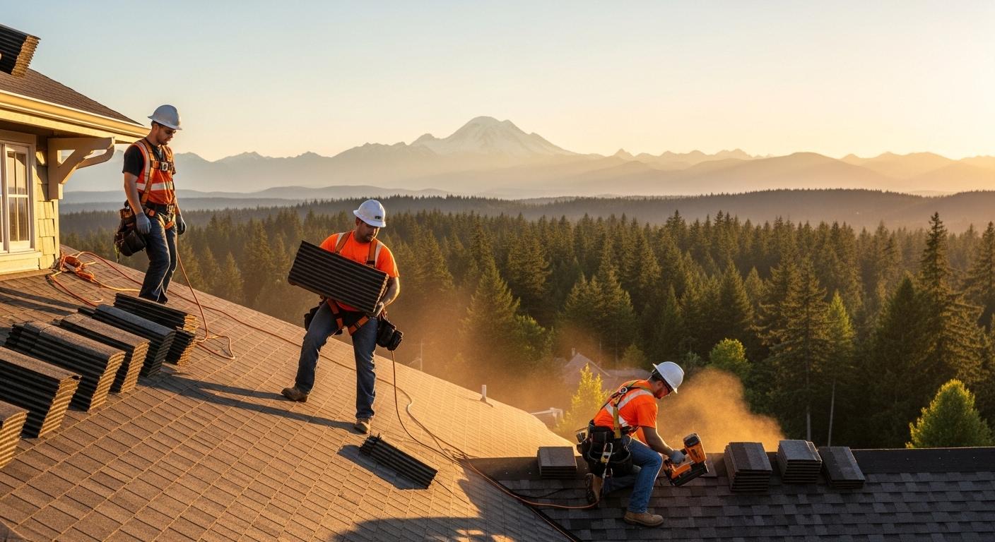 Roofing crew working at sunset with mountain views