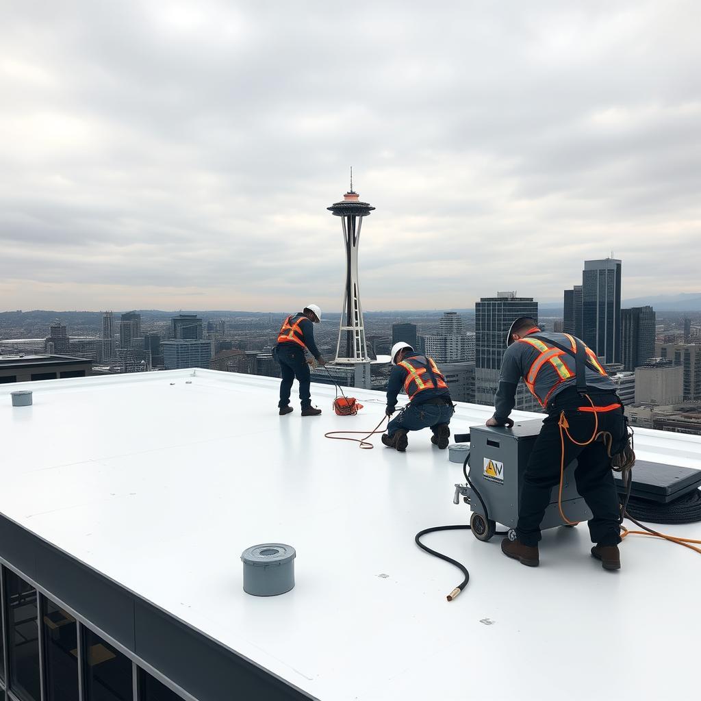 Commercial roofing crew installing TPO membrane on a flat roof with Seattle skyline and Space Needle in the background