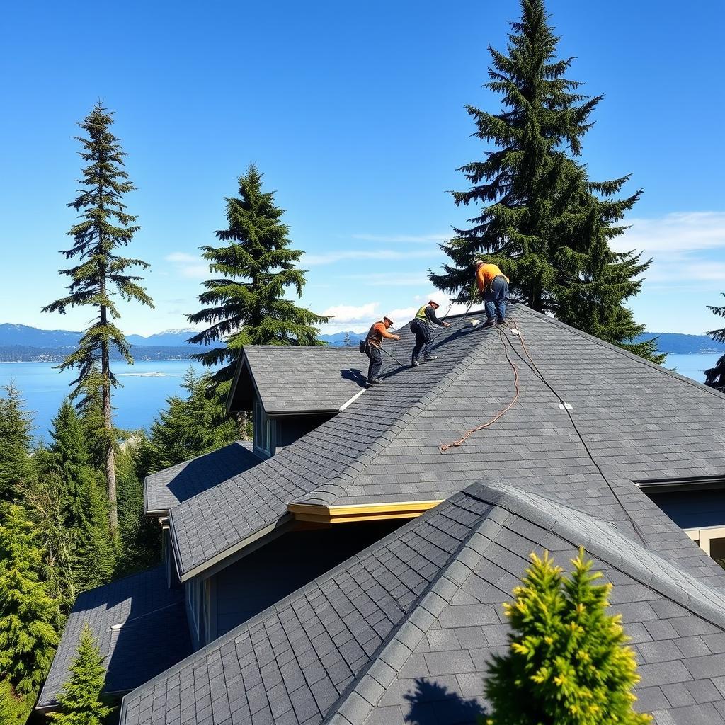 Roofing crew replacing shingles on a luxury Bellevue home with Lake Washington and Pacific Northwest mountains visible in the background