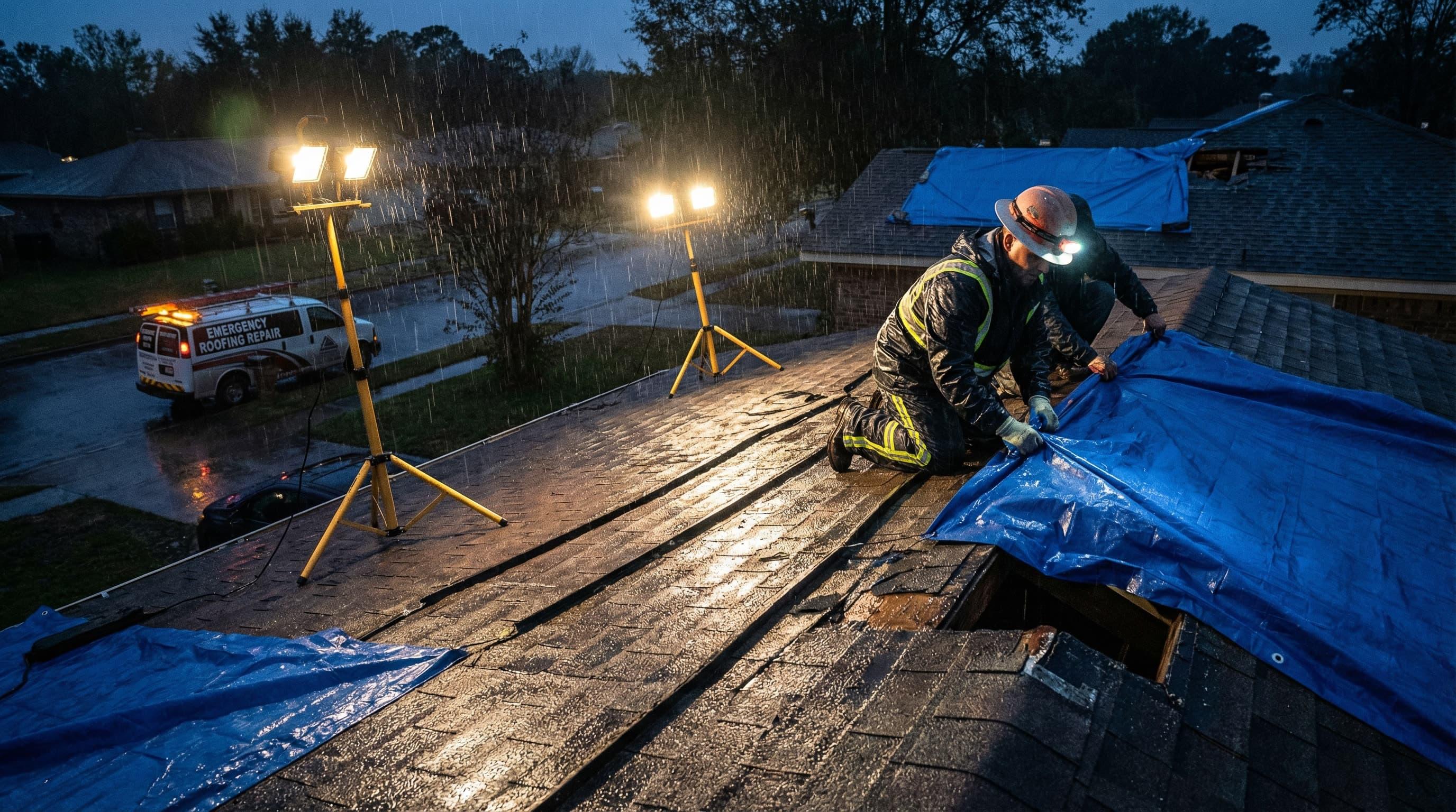 Roofer repairing an active roof leak on a Seattle home