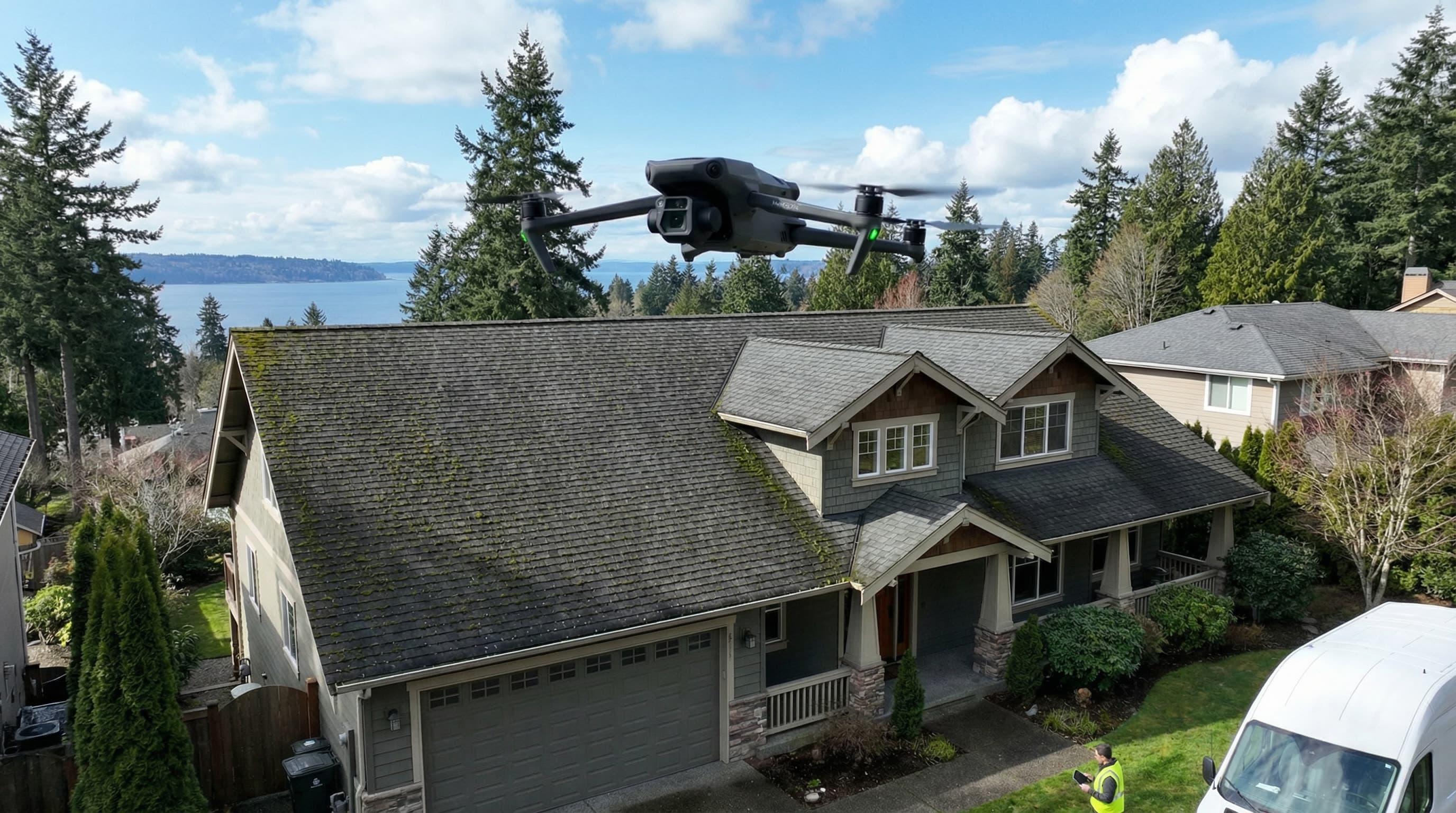 Roofer inspecting a Seattle home roof for damage and repair needs