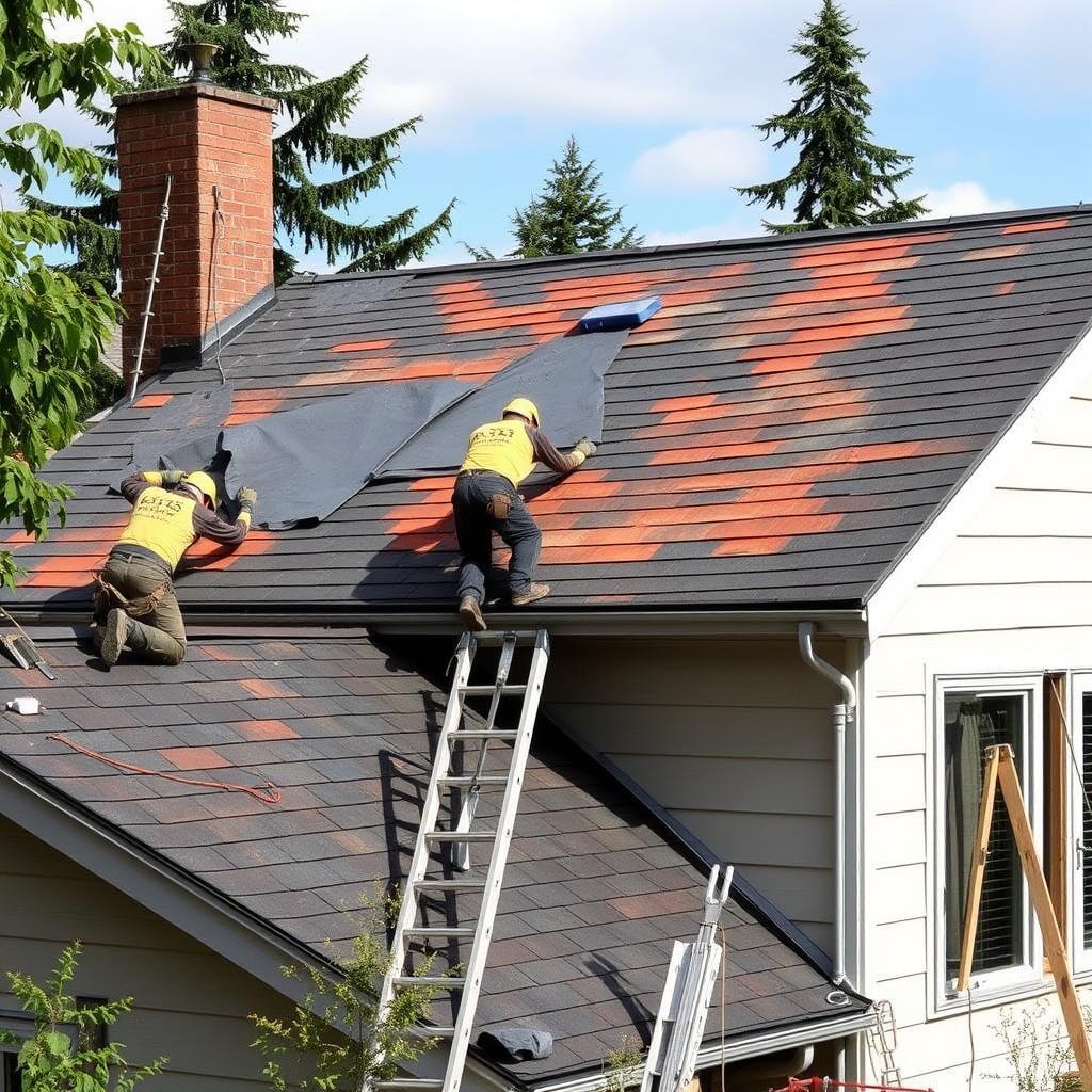 Aerial view of Seattle Roofing Company crew completing a full roof replacement project