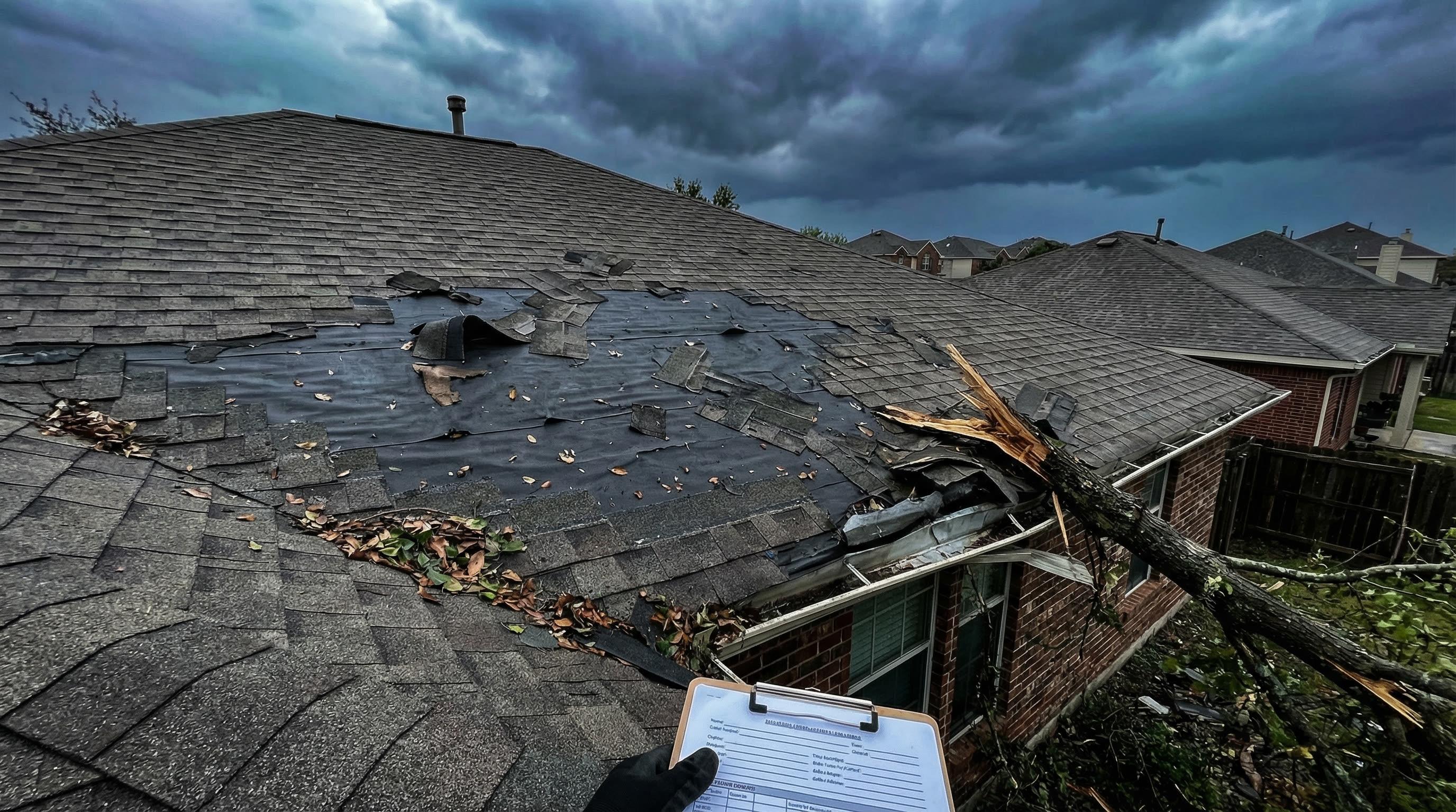 Wind-damaged asphalt shingle roof on a Seattle home after a Pacific Northwest windstorm